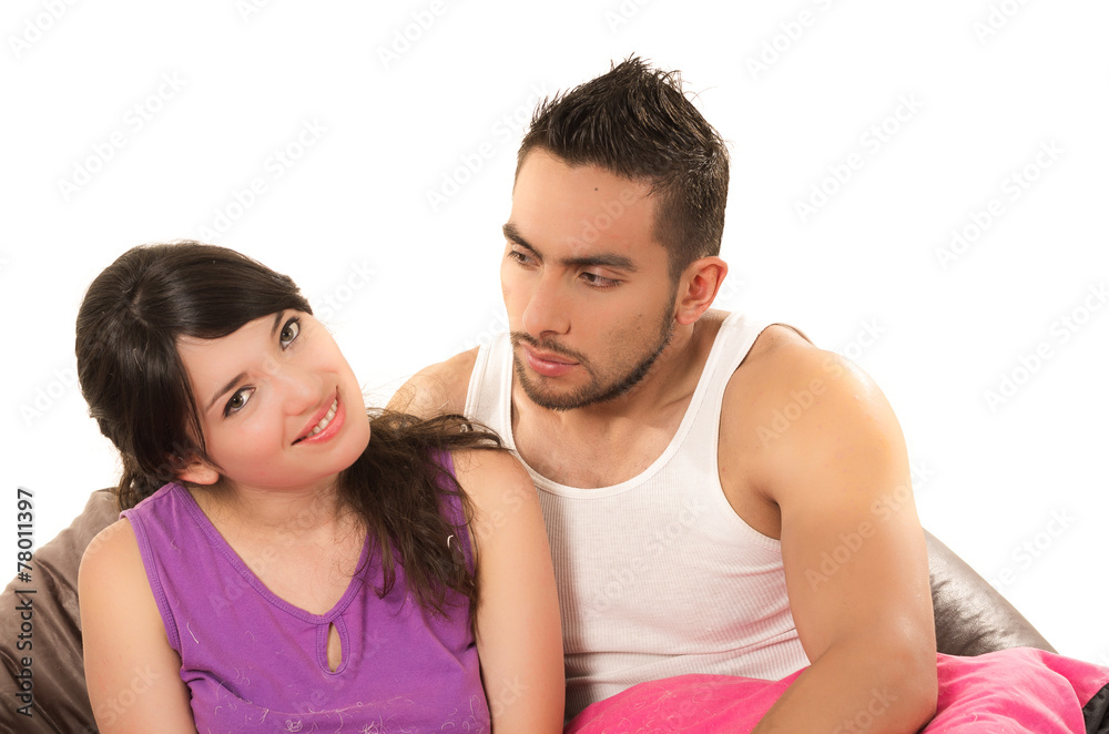 sweet latin couple hugging wearing their pijamas sweet latin couple hugging wearing their pijamas