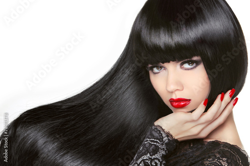Long Hair. Beautiful Brunette Girl. Healthy Black Hairstyle. Red photo