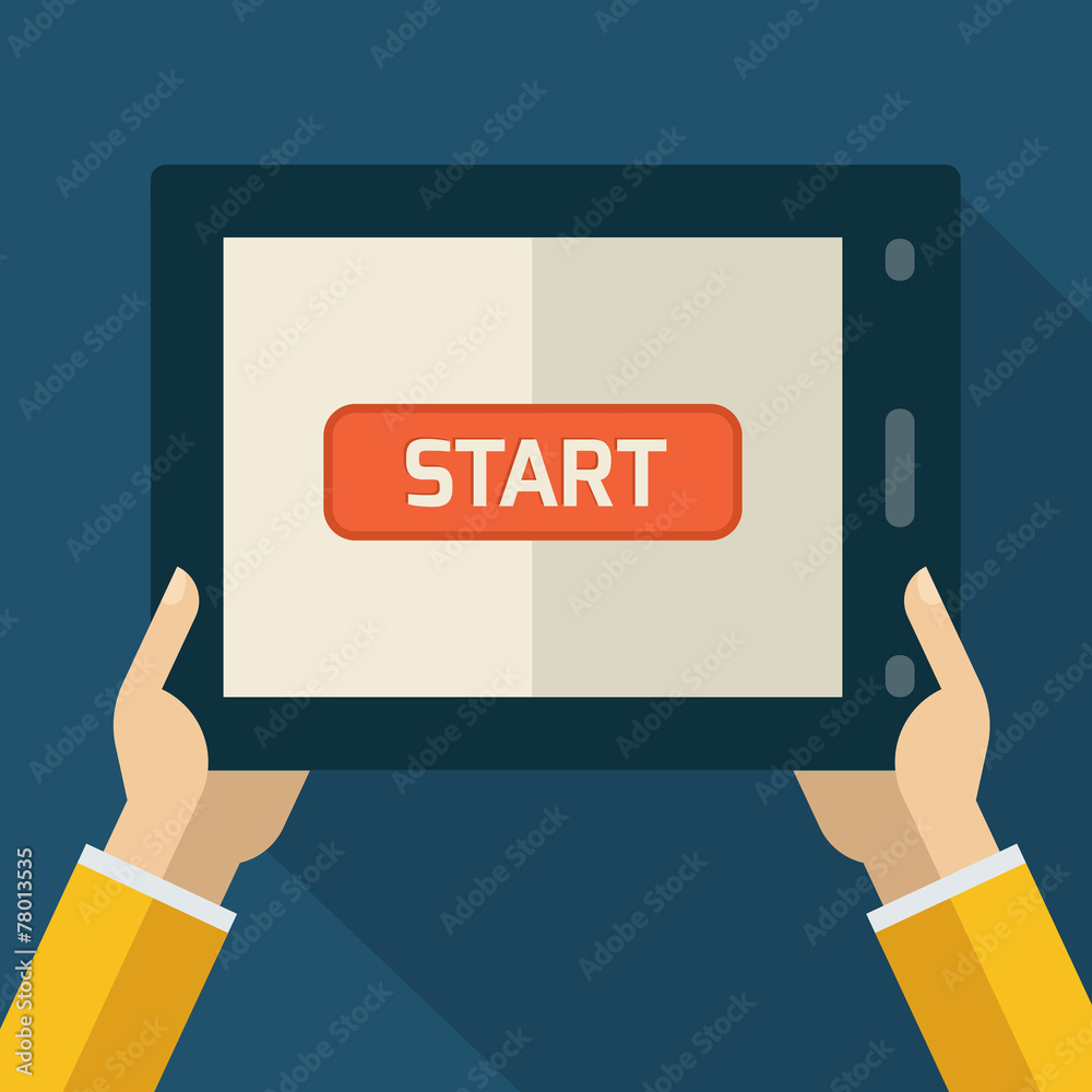 Colorful flat touch interface with start button. Hand using and Colorful flat touch interface with start button. Hand using and