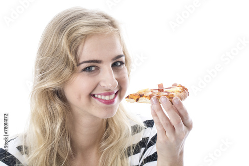 Model Released. Attractive Young Woman Eating Pizza