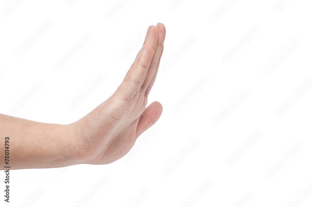 Right hand showed stop sign isolated on white background