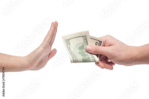 man refusing money offered by man isolated on white backgound