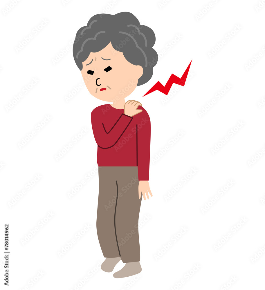 An elderly woman suffering from stiff shoulders An elderly woman suffering from stiff shoulders