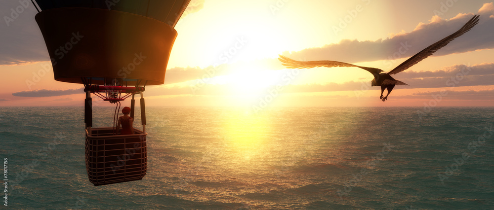sunset and hot air balloon - obrazy, fototapety, plakaty 