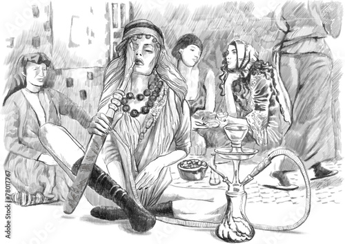 Foto Smoking Hookah (Harem) - An hand drawn full sized illustration