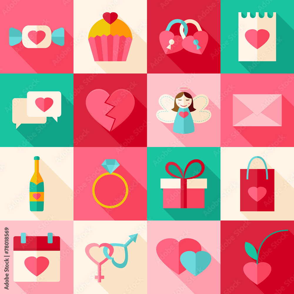 Valentine day flat style icon set with long shadow Valentine day flat style icon set with long shadow
