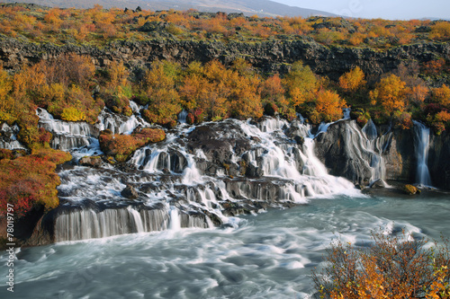 Hraunfossar waterfall in autumn