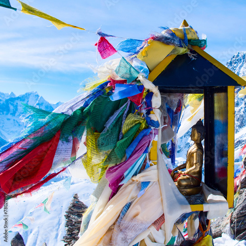 mountain scenery from gokyo ri with prayer flags - Nepal