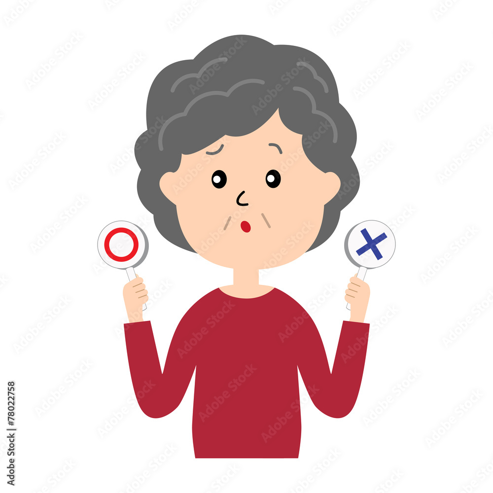 A confused elderly woman with yes and no signs A confused elderly woman with yes and no signs