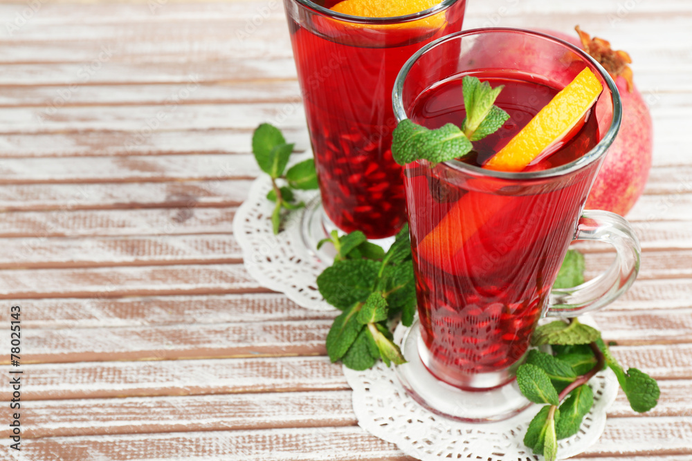 Pomegranate drink in glasses with mint and slices of orange Pomegranate drink in glasses with mint and slices of orange