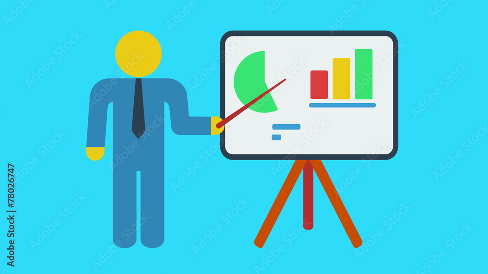 Businessman near blackboard with bar graph and pie chart Businessman near blackboard with bar graph and pie chart