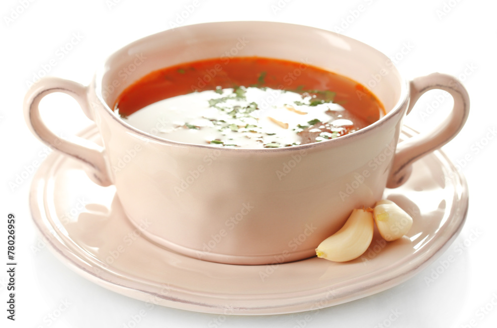 Ukrainian beetroot soup - borscht, isolated on white Ukrainian beetroot soup - borscht, isolated on white