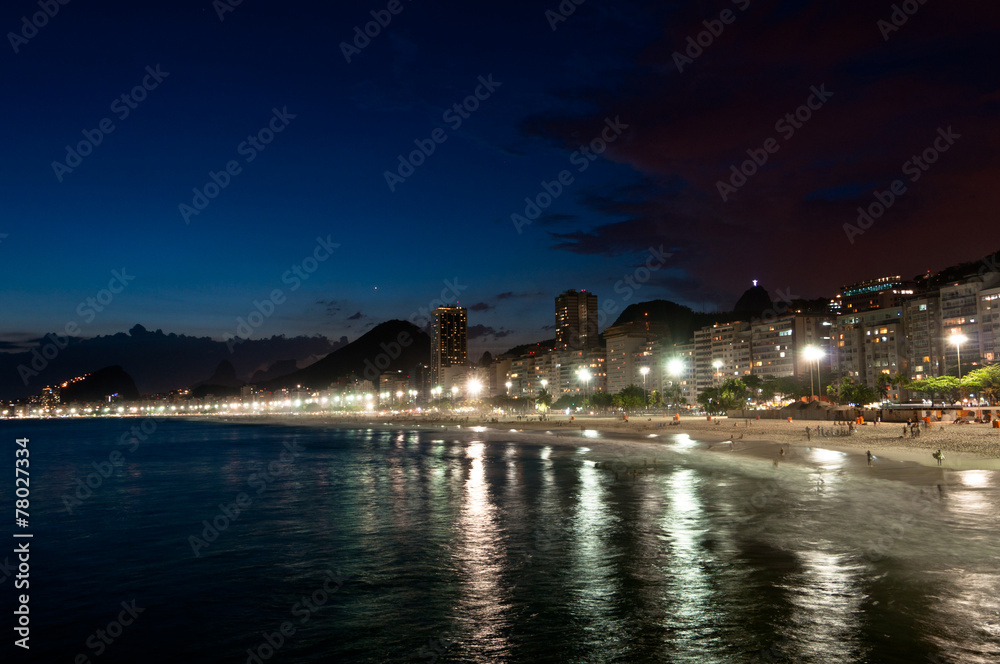 Copacabana Beach at night in Rio de Janeiro, Brazil