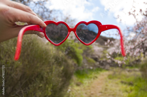 Red heart shaped sunglasses in blossoming almonds trees photo