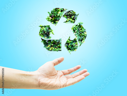 Open hand with green leaf recycle icon on light blue background