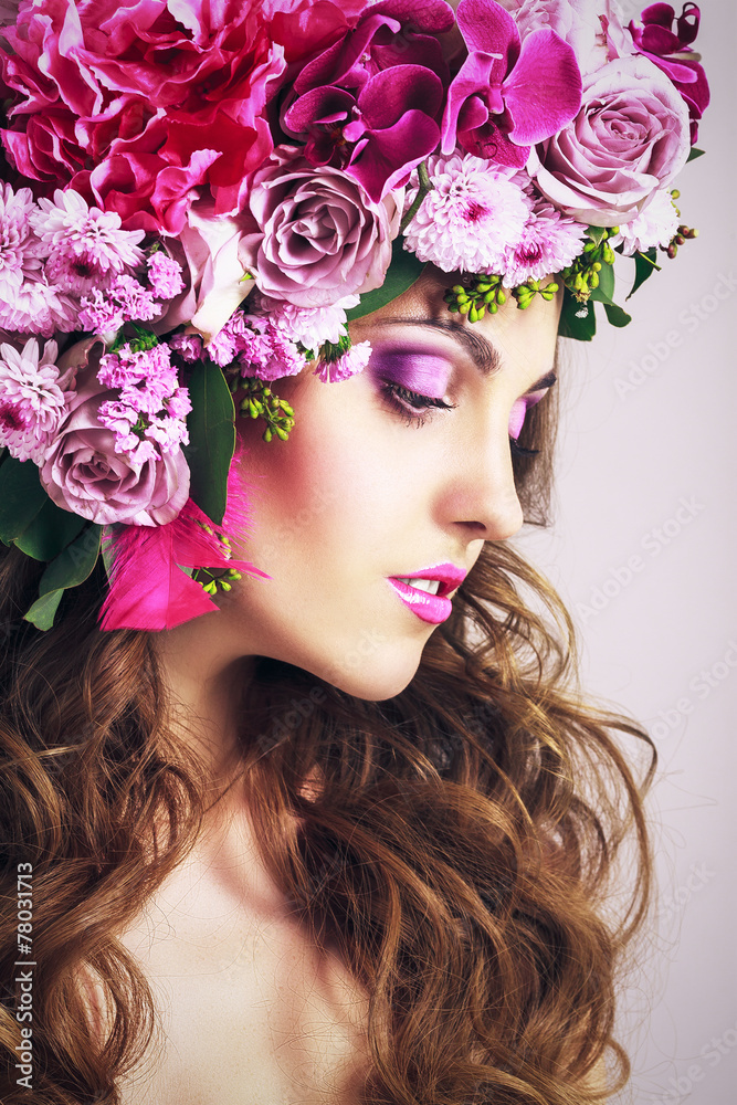 Beautiful Girl With Different Flowers.Beauty Model Woman Face