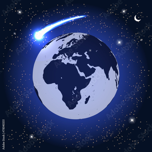Comet Fly Around the Planet in Space. Vector Illustration.