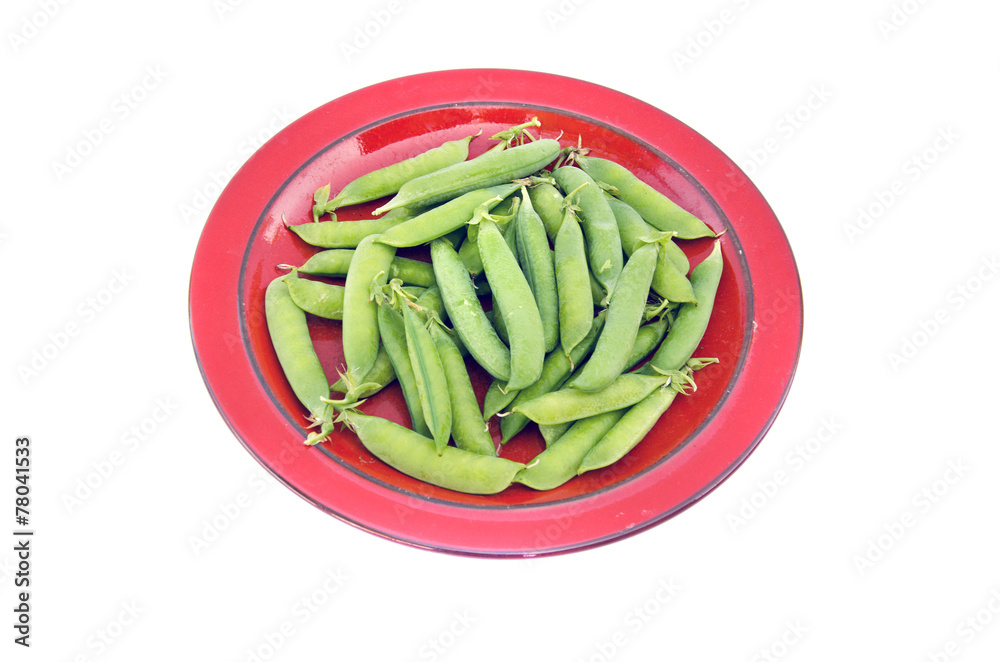 fresh sweet vegetable pea pods in red ceramic plate fresh sweet vegetable pea pods in red ceramic plate