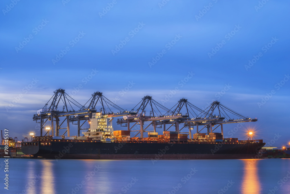 Container Cargo freight ship with working crane bridge