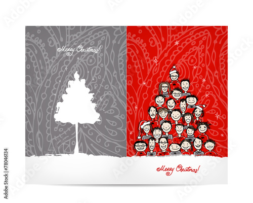 Christmas tree made from group of people, postcard design