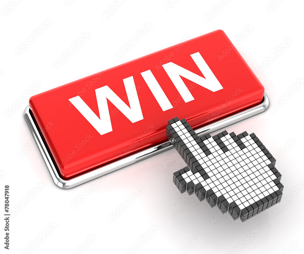 Hand cursor clicking a win button, 3d render Hand cursor clicking a win button, 3d render