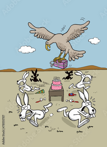 Eagle brings a present to rabbits' birthday party
