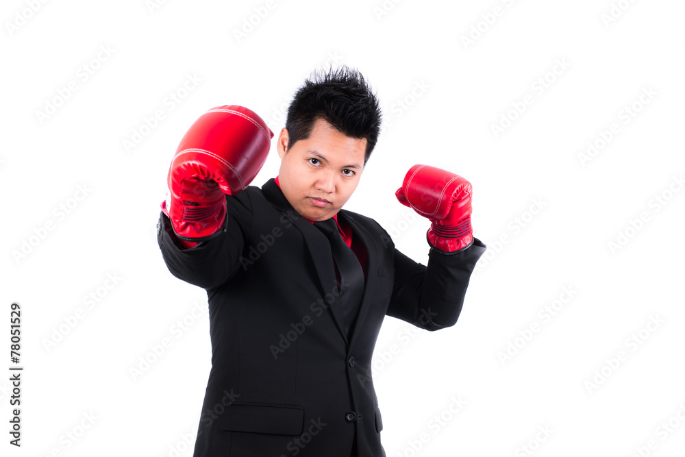 businessman with red boxing glove ready to fight with problem, b businessman with red boxing glove ready to fight with problem, b