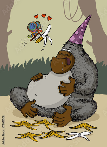 Butterfly offers a banana to gorilla