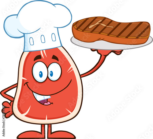Chef Steak Character Holding Up A Platter With Grilled Steak