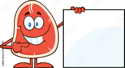 Smiling Steak Cartoon Mascot Character Pointing To A Blank Sign