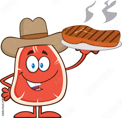 Cowboy Steak Character Holding Up A Platter With Grilled Steak