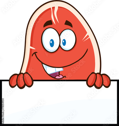 Steak Cartoon Mascot Character Smiling Over A Blank Sign
