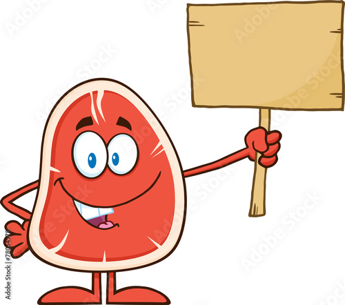 Steak Cartoon Mascot Character Holding A Blank Wooden Sign