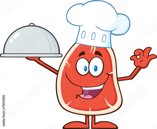 Happy Chef Steak Cartoon Character Holding Up A Cloche Platter
