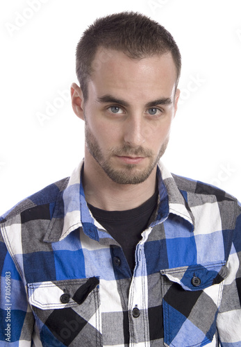A portrait of a simple man in studio white background.
