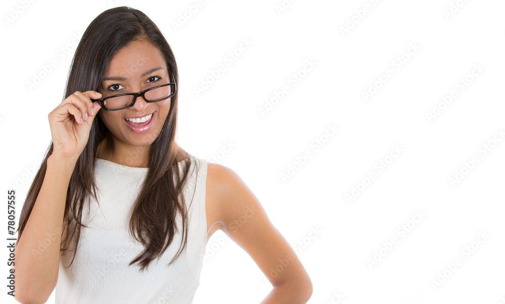Portrait young business woman with glasses in white dress Portrait young business woman with glasses in white dress