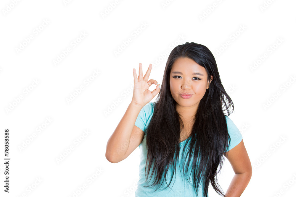 Confident teenager girl showing ok sign, excellence success Confident teenager girl showing ok sign, excellence success