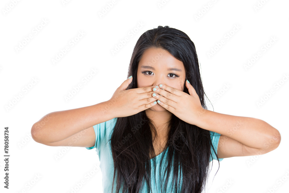 Portrait woman with hands covering mouth speachless and angry Portrait woman with hands covering mouth speachless and angry