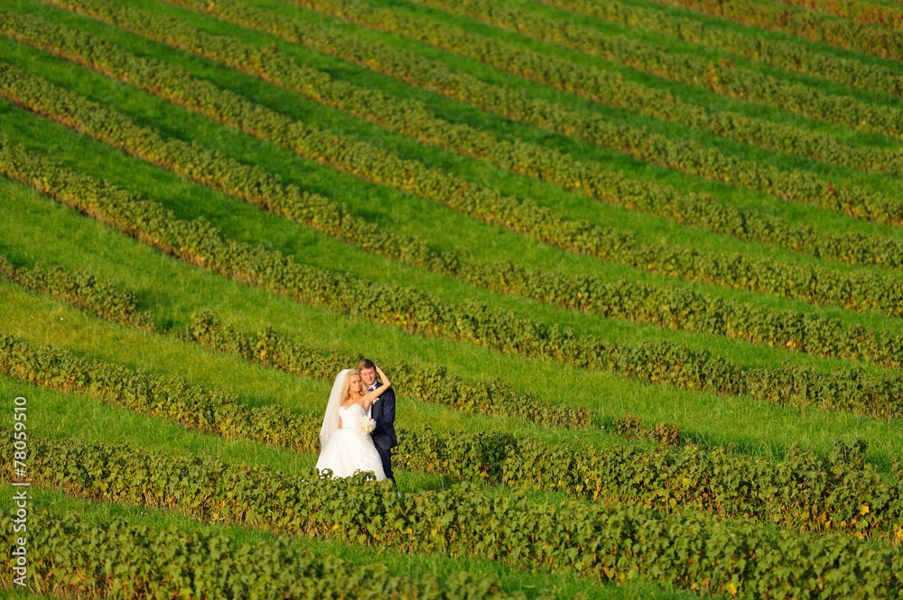 Happy bride and groom on green plant