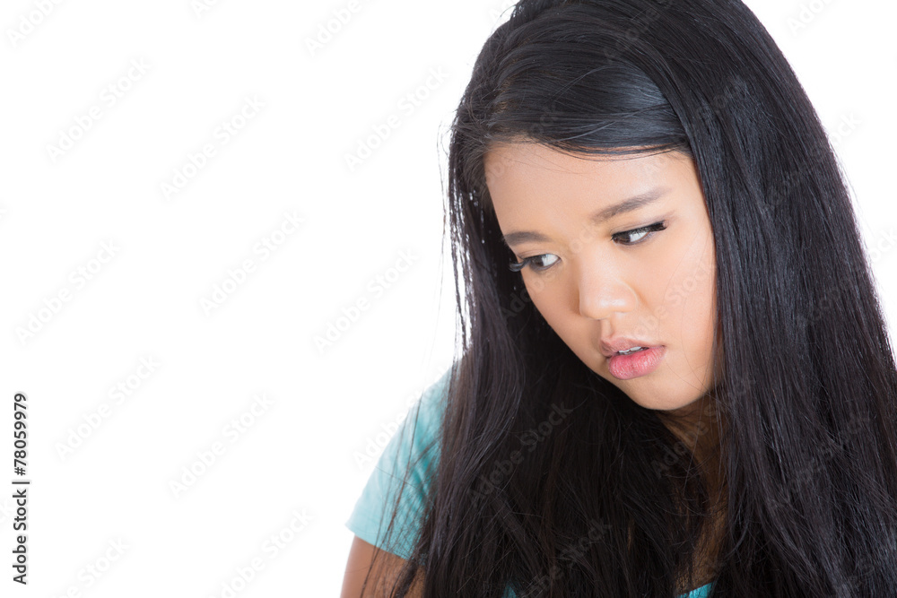 Headshot sad gloomy young woman worried about future Headshot sad gloomy young woman worried about future