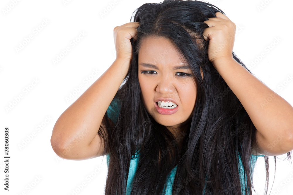 Stressed young woman overwhelmed isolated white background Stressed young woman overwhelmed isolated white background