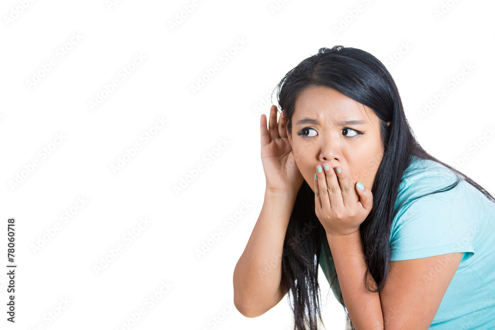 Curious nosy woman hand to ear gesture eavesdropping Curious nosy woman hand to ear gesture eavesdropping