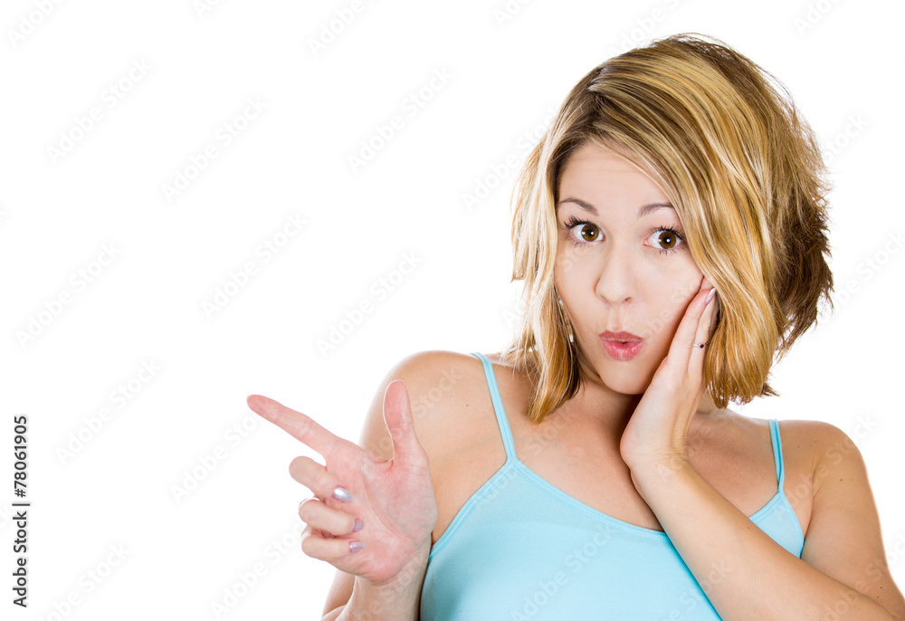 Portrait shocked woman pointing finger at someone Portrait shocked woman pointing finger at someone