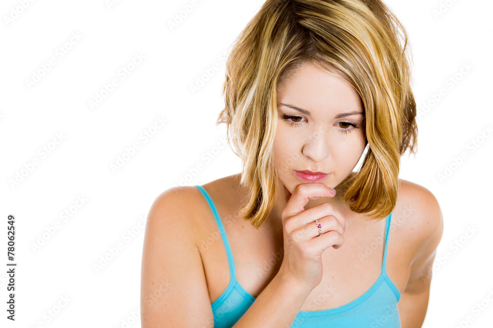 Closeup portrait sad unhappy young woman thinking Closeup portrait sad unhappy young woman thinking