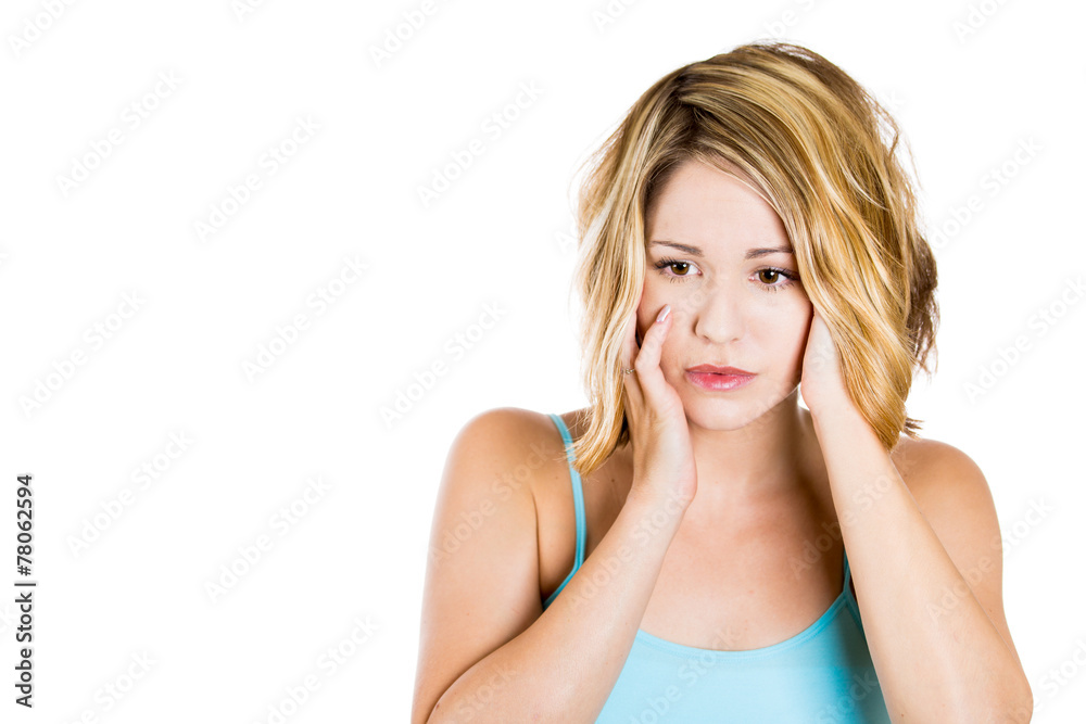 Closeup portrait sad unhappy young woman thinking Closeup portrait sad unhappy young woman thinking