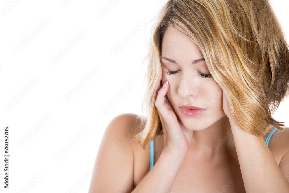 Closeup portrait sad unhappy young woman thinking Closeup portrait sad unhappy young woman thinking