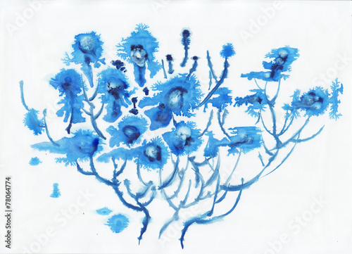 Abstract blue alien watercolor flowers
