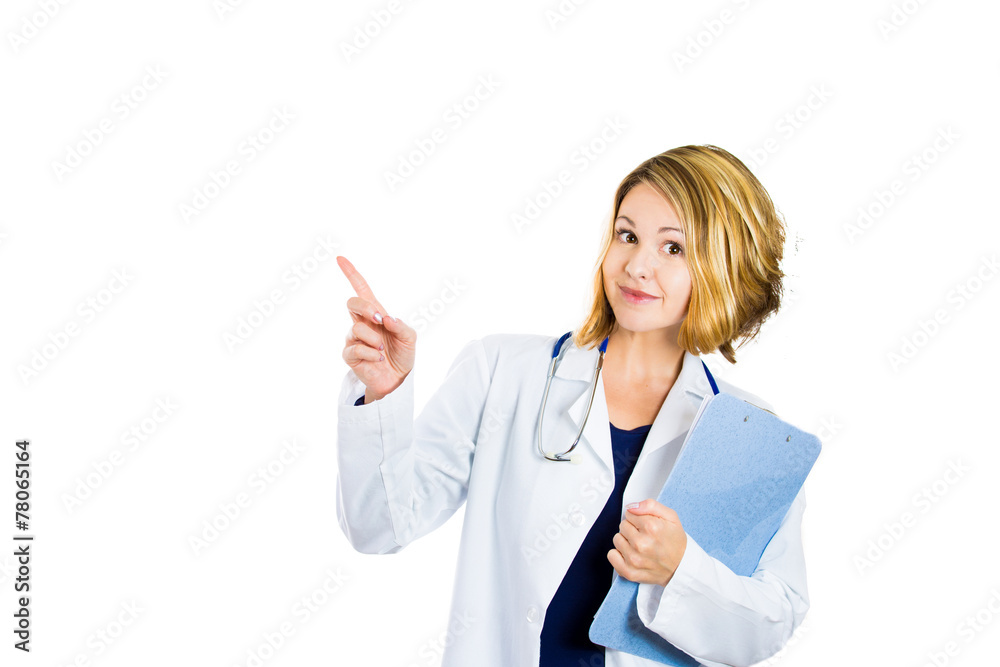 Portrait happy smiling doctor presenting copy space Portrait happy smiling doctor presenting copy space