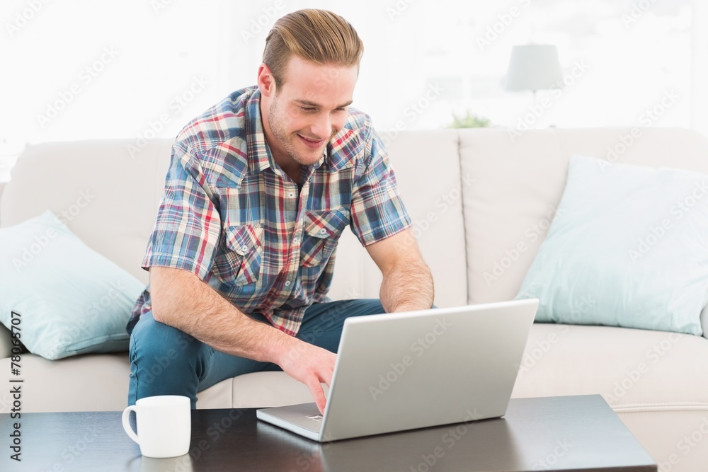 Smiling man at home on a laptop Smiling man at home on a laptop