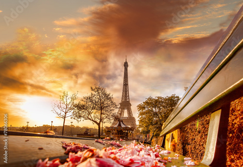 Eiffel Tower during beautiful spring morning in Paris, France